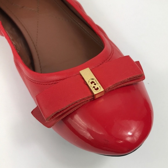 COLE HAAN Red Leather Ballet Flats Slippers w/Patent Cap Toe & Bow Womens 11B - Picture 4 of 9